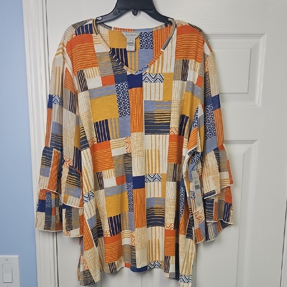 Multiples Tops - Multiples V-Neck 3/4 Ruffle Sleeves‎ Plus Top: Multi Color Patchwork: 2X